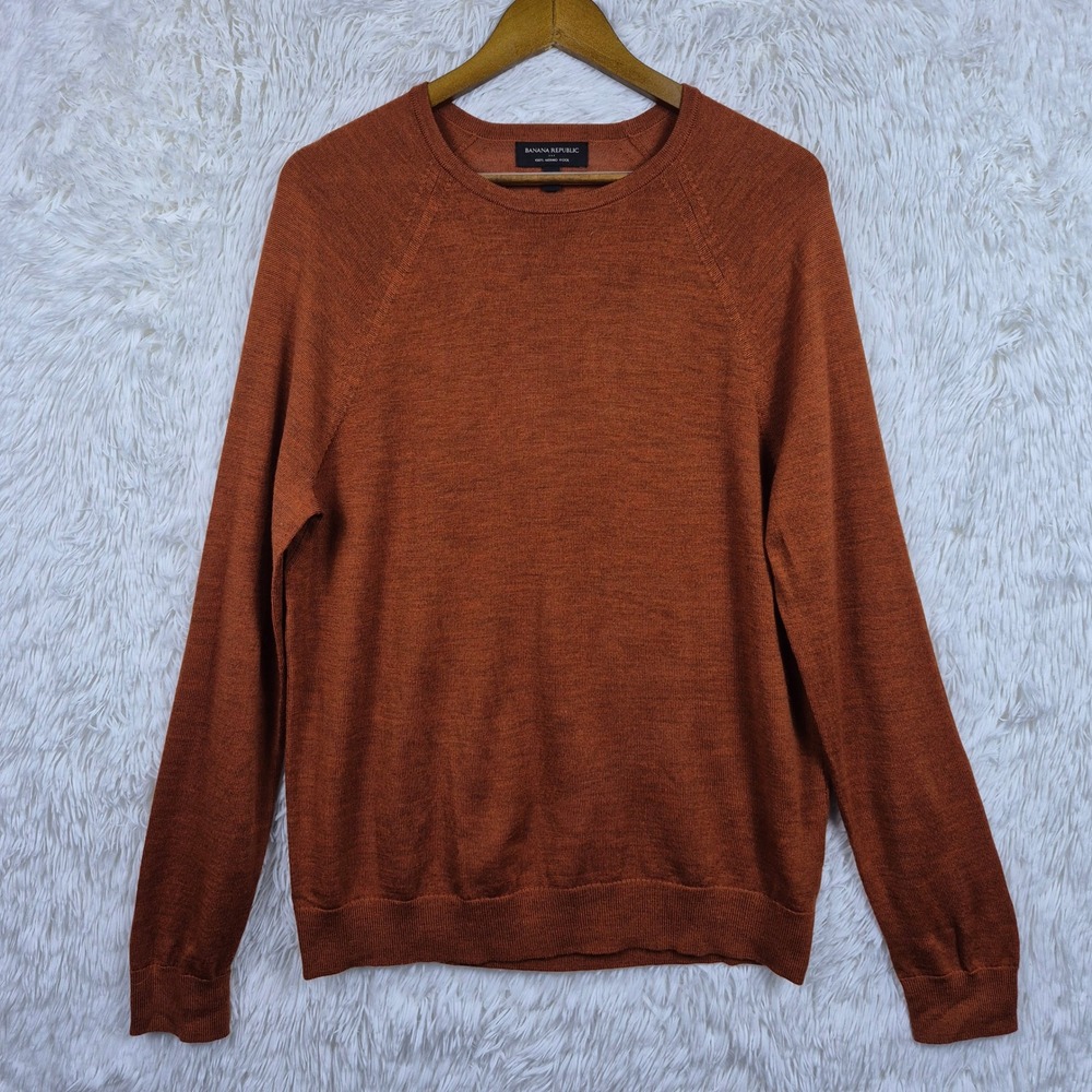 Banana Republic Mens Merino Wool Crew Neck Sweater Rust Orange Large Preppy